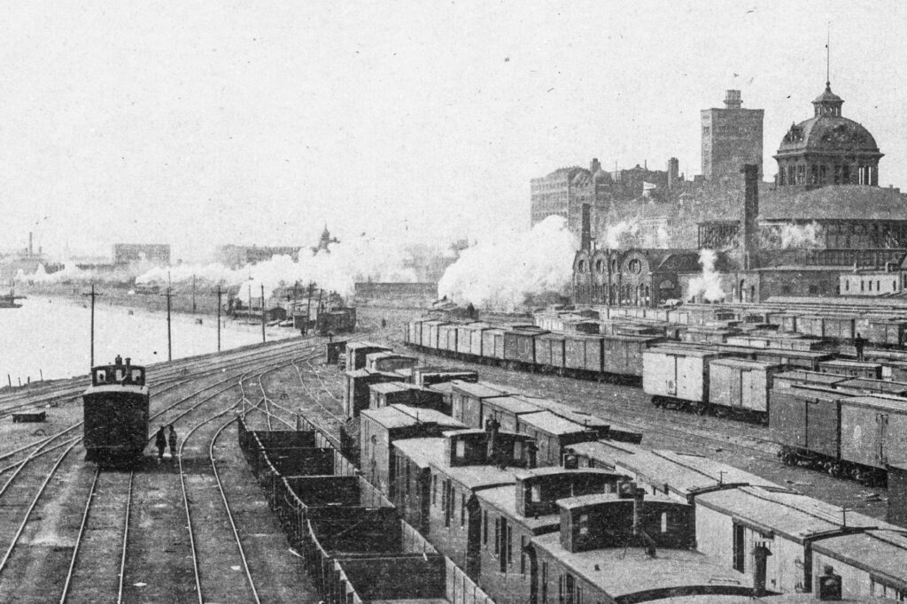 The railroad yard along the Chicago lakefront, looking south from Randolph Street in 1893 - Archival photograph from the Library of Congress