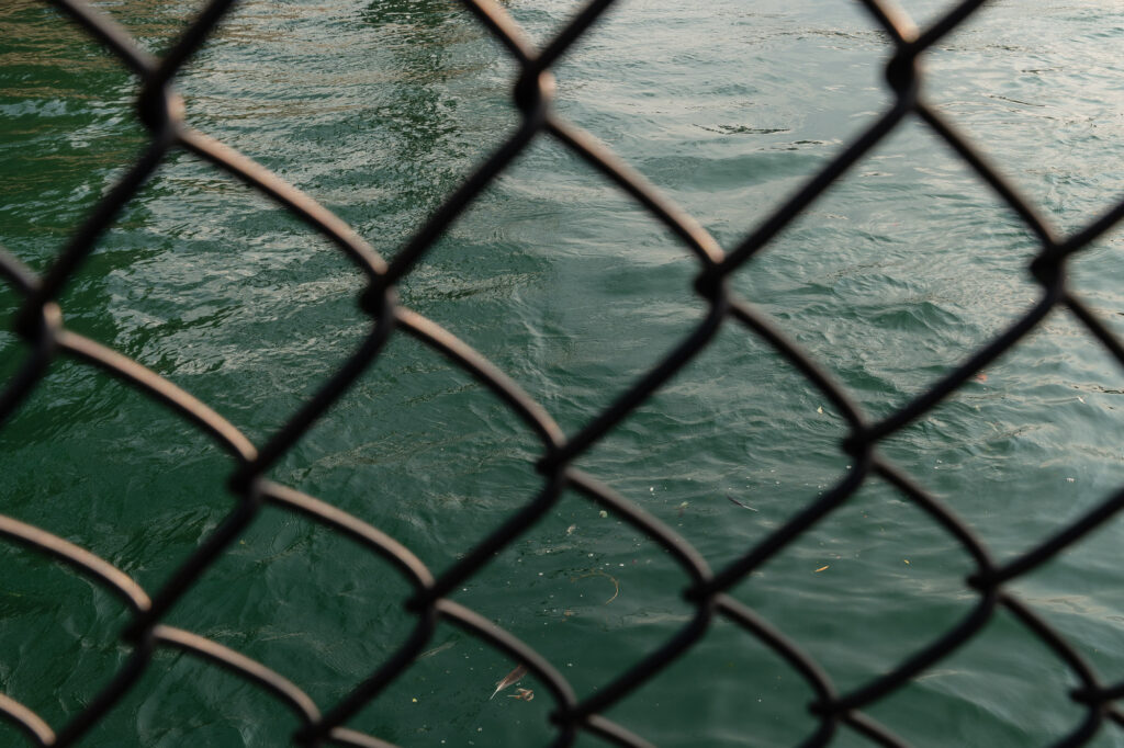 Looking at Lake Michigan water in Diversey Harbor through a chain link fence - Chicago Lakefront photography by Michael Courier